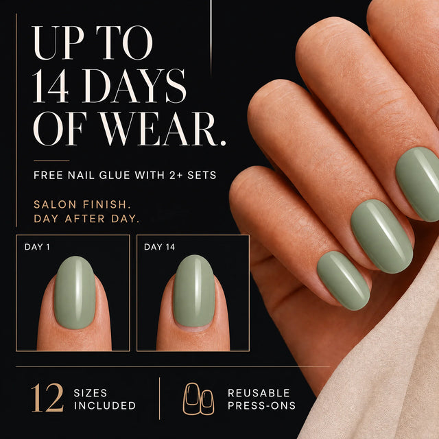 Sage Press-On Nails, Short Oval — 14 days of wear (infographie sombre)