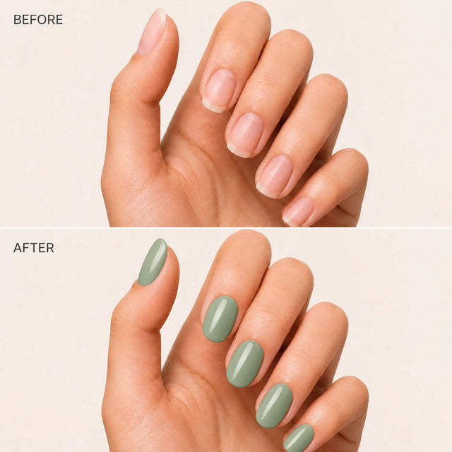 Sage Press-On Nails, Short Oval — Before / After (fond crème)