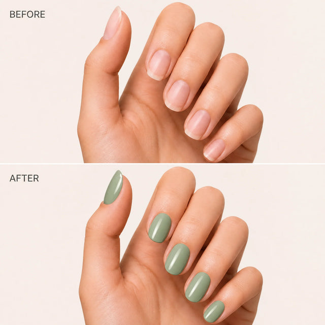 Sage Press-On Nails, Short Oval — Before / After (fond crème)