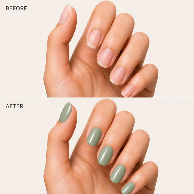 Sage Press-On Nails, Short Oval — Before / After (fond crème)