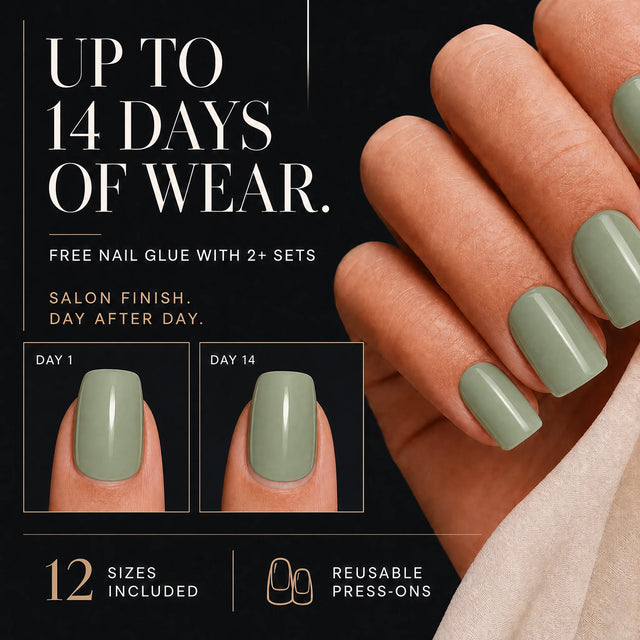 Sage Press-On Nails, Short Square — 14 days of wear (infographie sombre)