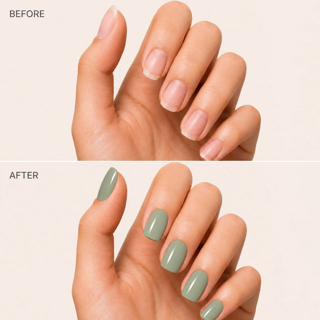 Sage Press-On Nails, Short Square — Before / After (fond crème)