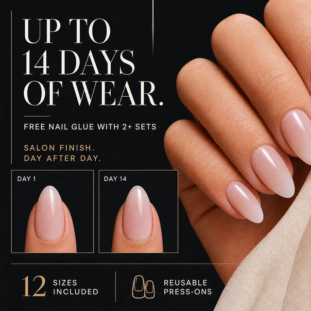 Second Skin Press-On Nails, Almond Medium — 14 days of wear (infographie sombre)