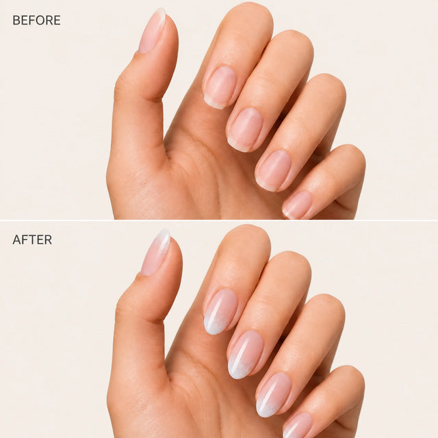 Second Skin Press-On Nails, Almond Medium — Before / After (fond crème)