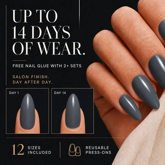 Slate Press-On Nails, Medium Almond — 14 days of wear (infographie sombre)