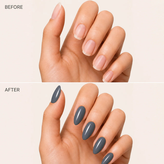 Slate Press-On Nails, Medium Almond — Before / After (fond crème)