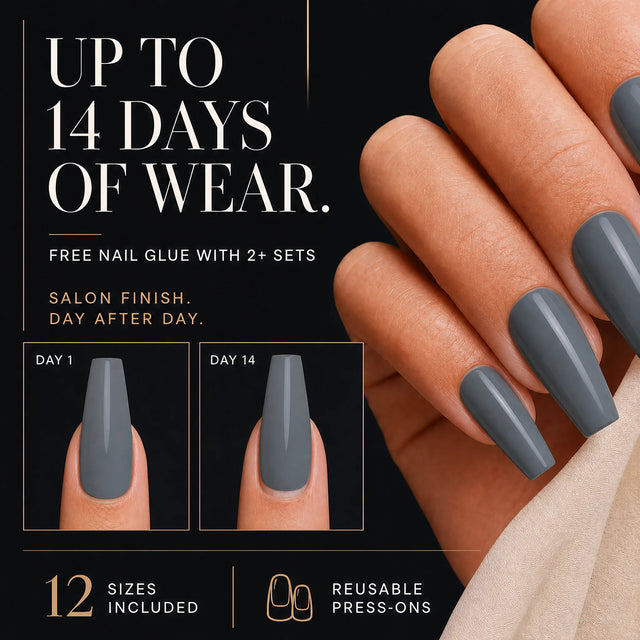 Slate Press-On Nails, Medium Coffin — 14 days of wear (infographie sombre)