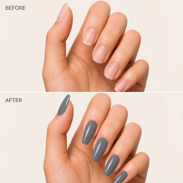 Slate Press-On Nails, Medium Coffin — Before / After (fond crème)