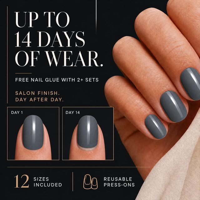 Slate Press-On Nails, Short Oval — 14 days of wear (infographie sombre)