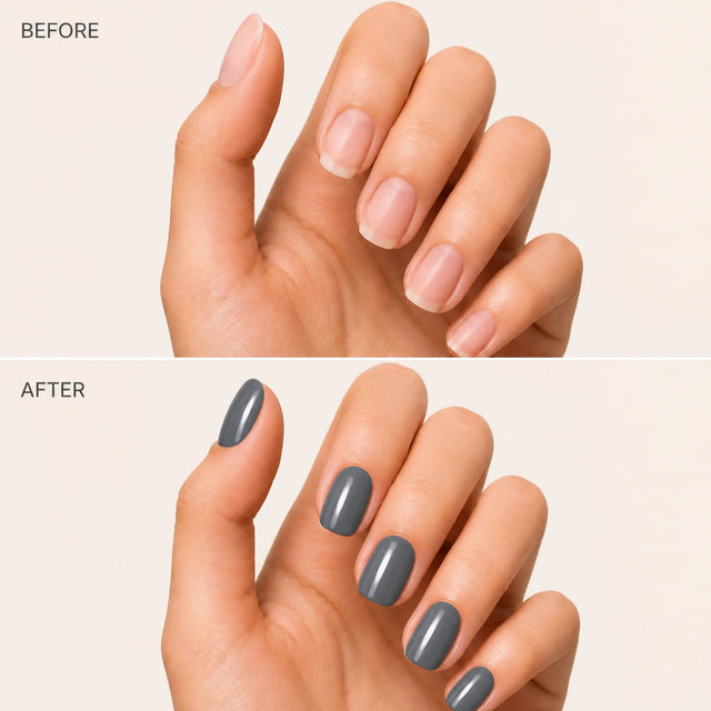 Slate Press-On Nails, Short Oval — Before / After (fond crème)