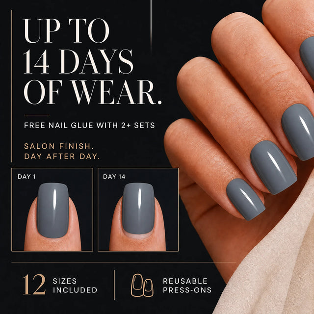 Slate Press-On Nails, Short Square — 14 days of wear (infographie sombre)