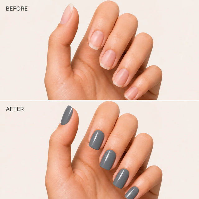 Slate Press-On Nails, Short Square — Before / After (fond crème)