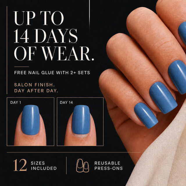 Solid Press-On Nails, Square Short — 14 days of wear (infographie sombre)