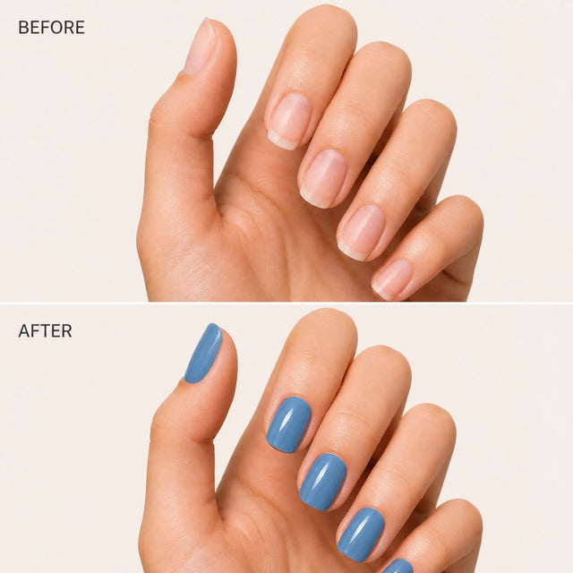 Solid Press-On Nails, Square Short — Before / After (fond crème)