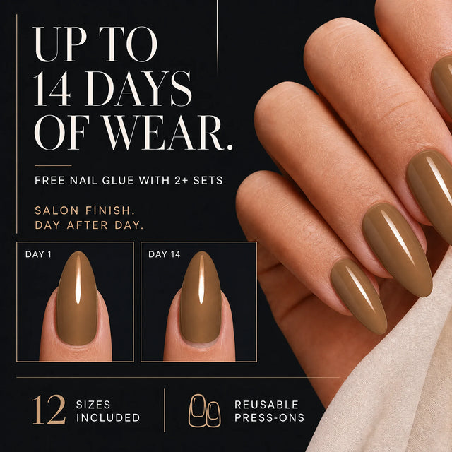 Toffee Press-On Nails, Medium Almond — 14 days of wear (infographie sombre)