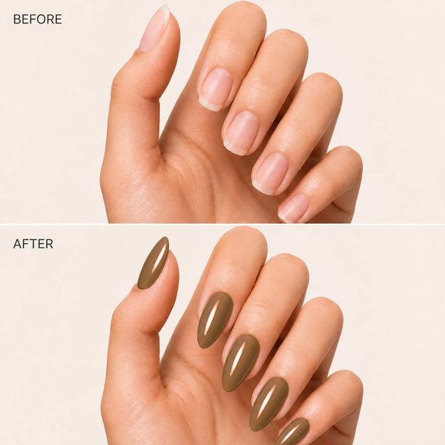 Toffee Press-On Nails, Medium Almond — Before / After (fond crème)