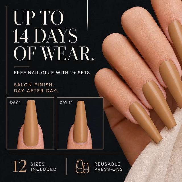 Toffee Press-On Nails, Long Coffin — 14 days of wear (infographie sombre)