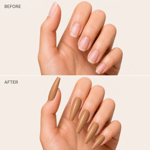 Toffee Press-On Nails, Long Coffin — Before / After (fond crème)