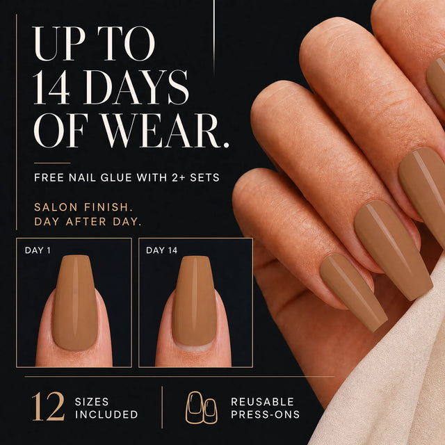 Toffee Press-On Nails, Medium Coffin — 14 days of wear (infographie sombre)