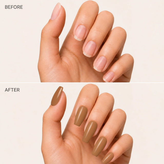 Toffee Press-On Nails, Medium Coffin — Before / After (fond crème)