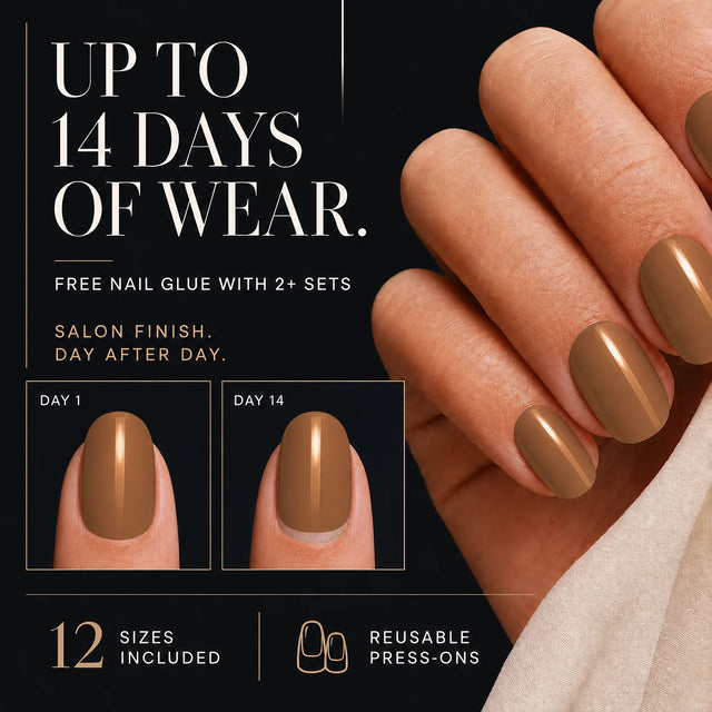 Toffee Press-On Nails, Short Oval — 14 days of wear (infographie sombre)
