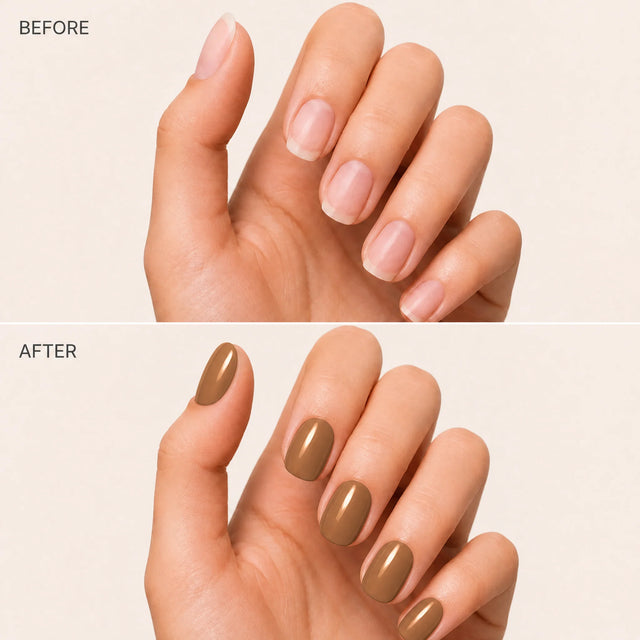 Toffee Press-On Nails, Short Oval — Before / After (fond crème)