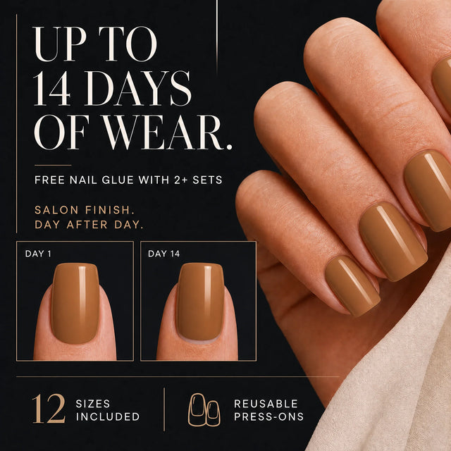 Toffee Press-On Nails, Short Square — 14 days of wear (infographie sombre)