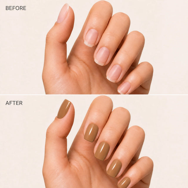 Toffee Press-On Nails, Short Square — Before / After (fond crème)