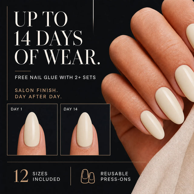 Vanilla Press-On Nails, Medium Almond — 14 days of wear (infographie sombre)