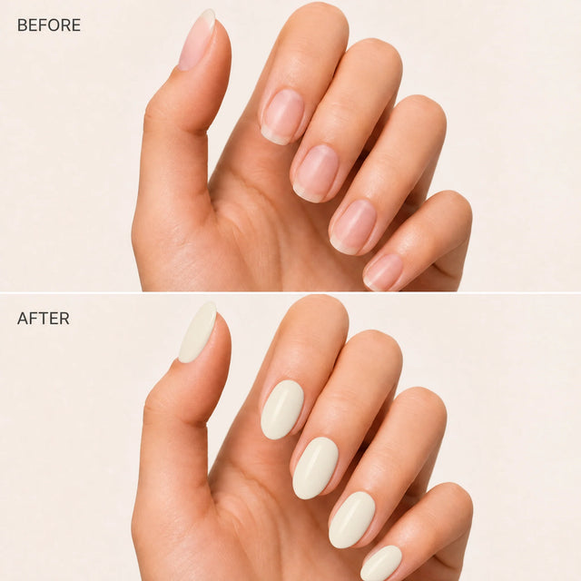 Vanilla Press-On Nails, Medium Almond — Before / After (fond crème)