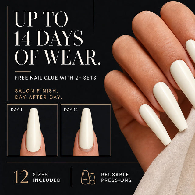 Vanilla Press-On Nails, Long Coffin — 14 days of wear (infographie sombre)