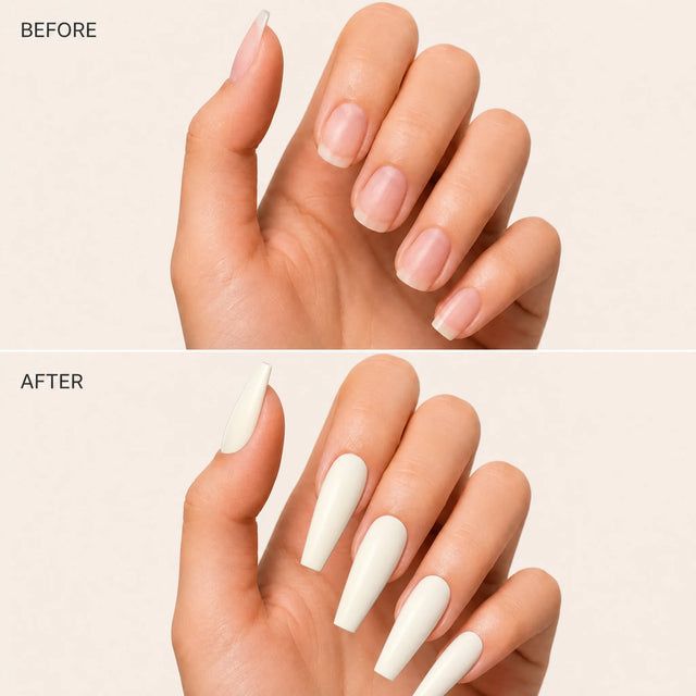 Vanilla Press-On Nails, Long Coffin — Before / After (fond crème)