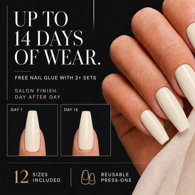 Vanilla Press-On Nails, Medium Coffin — 14 days of wear (infographie sombre)