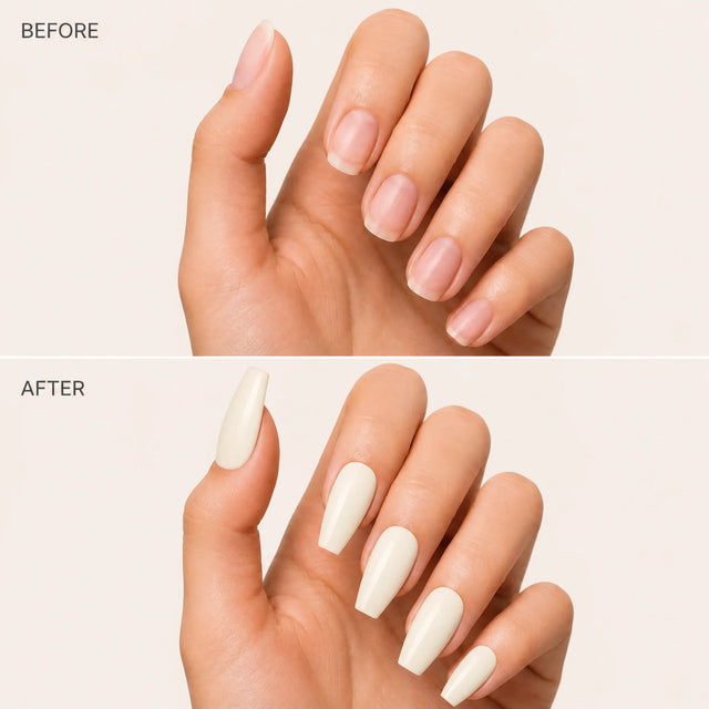 Vanilla Press-On Nails, Medium Coffin — Before / After (fond crème)