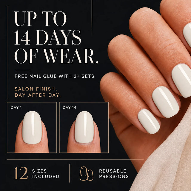 Vanilla Press-On Nails, Short Oval — 14 days of wear (infographie sombre)