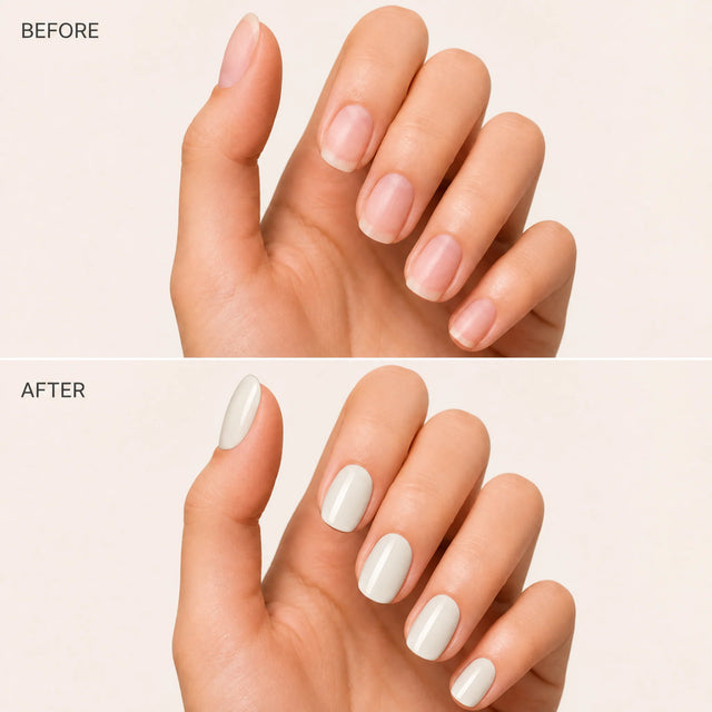 Vanilla Press-On Nails, Short Oval — Before / After (fond crème)