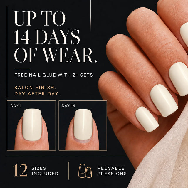Vanilla Press-On Nails, Short Square — 14 days of wear (infographie sombre)