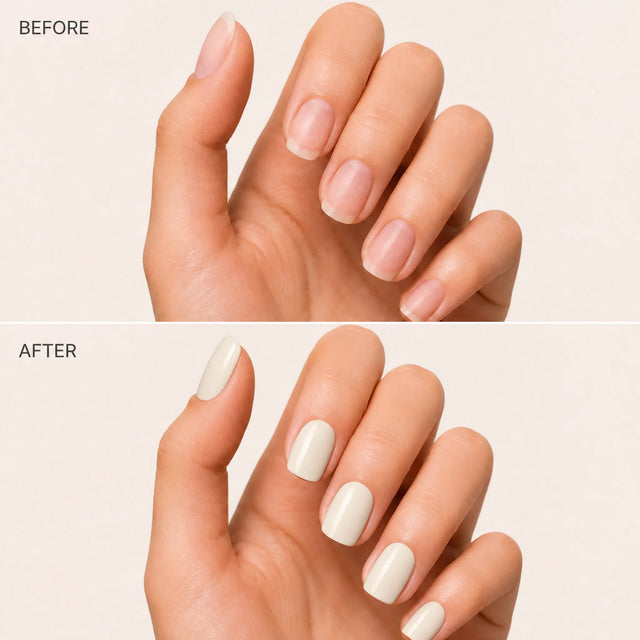 Vanilla Press-On Nails, Short Square — Before / After (fond crème)