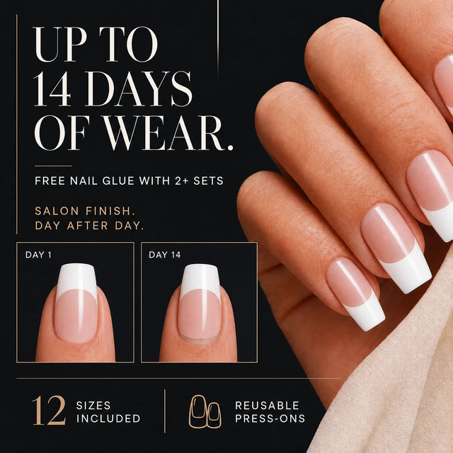 White Tip Press-On Nails, Coffin Medium — 14 days of wear (infographie sombre)