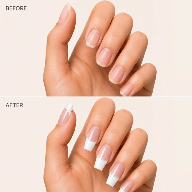 White Tip Press-On Nails, Coffin Medium — Before / After (fond crème)