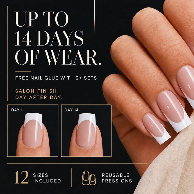 Wide French Press-On Nails, Square Long — 14 days of wear (infographie sombre)