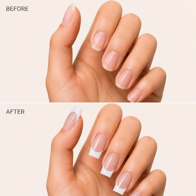 Wide French Press-On Nails, Square Long — Before / After (fond crème)