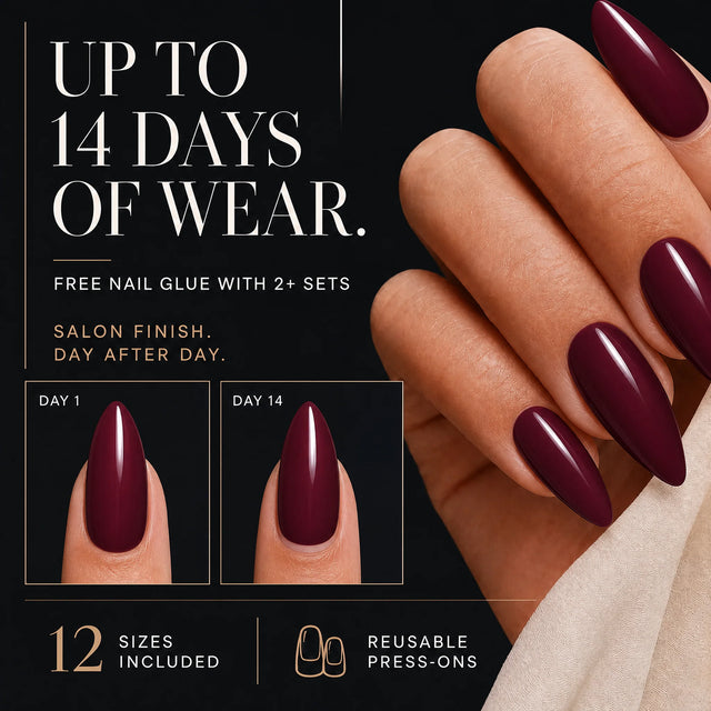 Wine Press-On Nails, Medium Almond — 14 days of wear (infographie sombre)