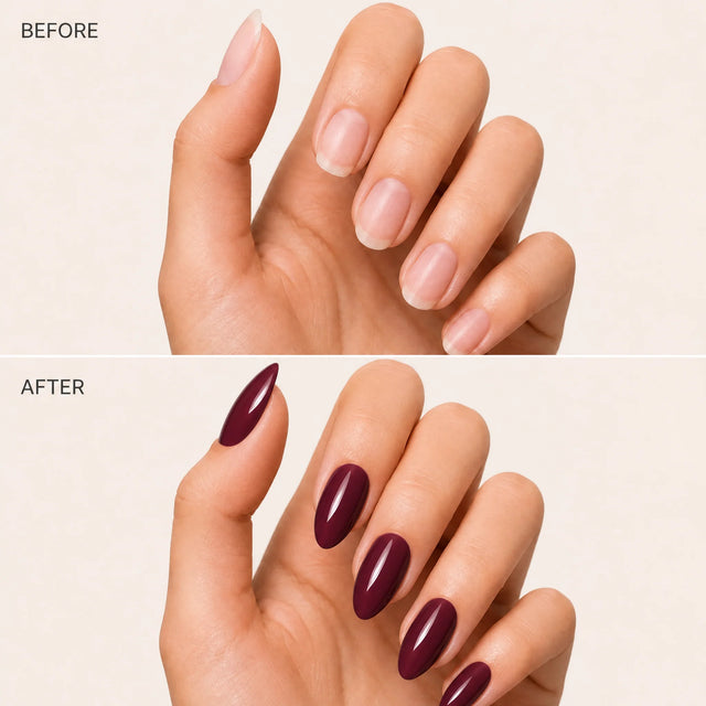 Wine Press-On Nails, Medium Almond — Before / After (fond crème)