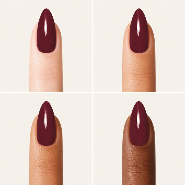 Wine Press-On Nails, Medium Almond — Grille 4 doigts (4 carnations, crème)