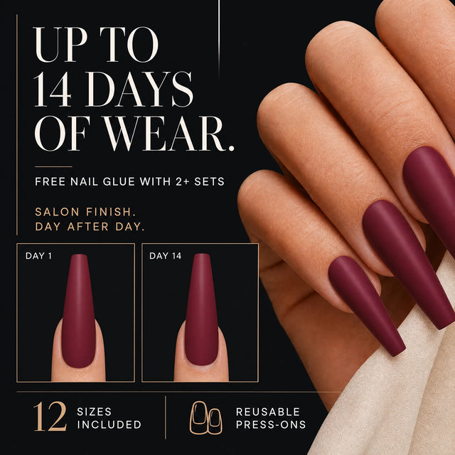 Wine Press-On Nails, Long Coffin — 14 days of wear (infographie sombre)