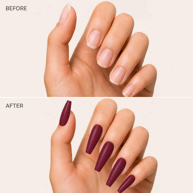 Wine Press-On Nails, Long Coffin — Before / After (fond crème)