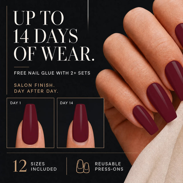 Wine Press-On Nails, Medium Coffin — 14 days of wear (infographie sombre)