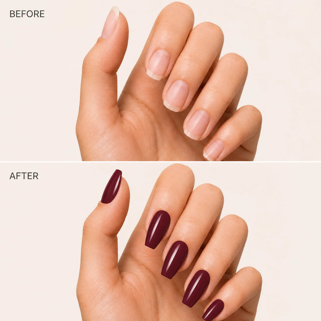 Wine Press-On Nails, Medium Coffin — Before / After (fond crème)