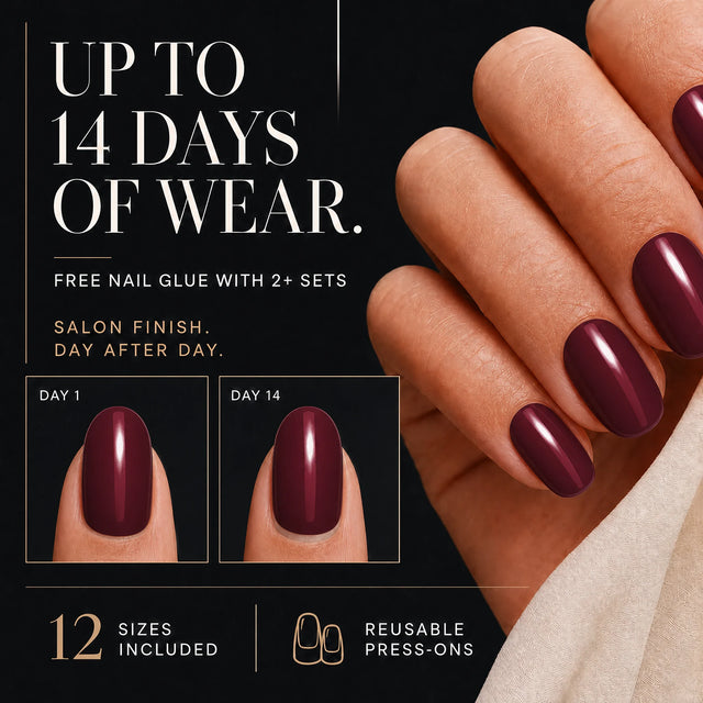 Wine Press-On Nails, Short Oval — 14 days of wear (infographie sombre)